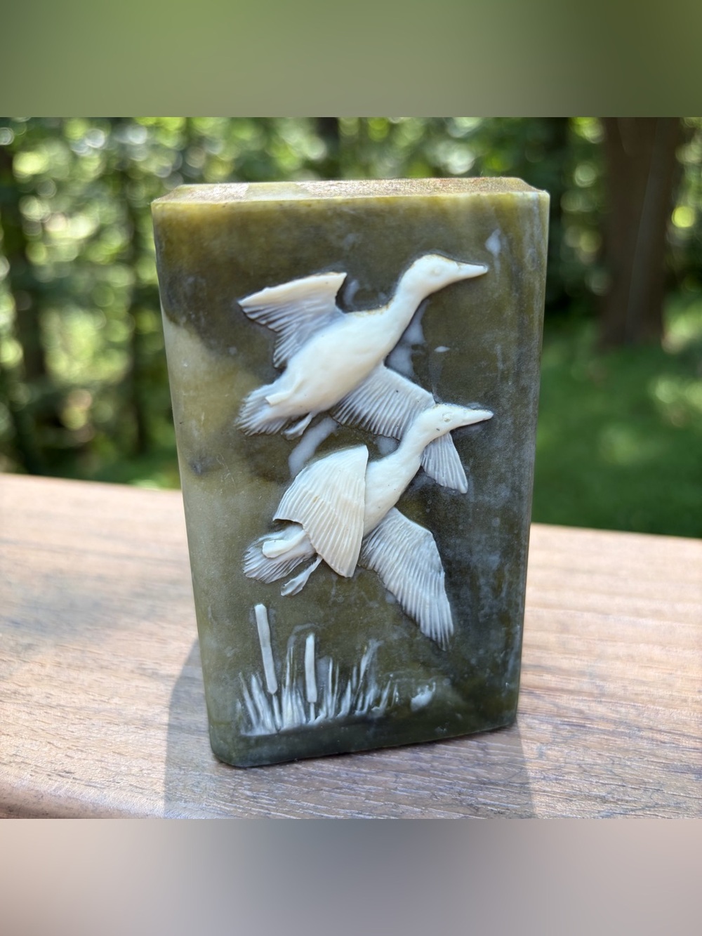 Green Soapstone Design Gifts International 1970s Pen Cup Ducks Cattails Incolay